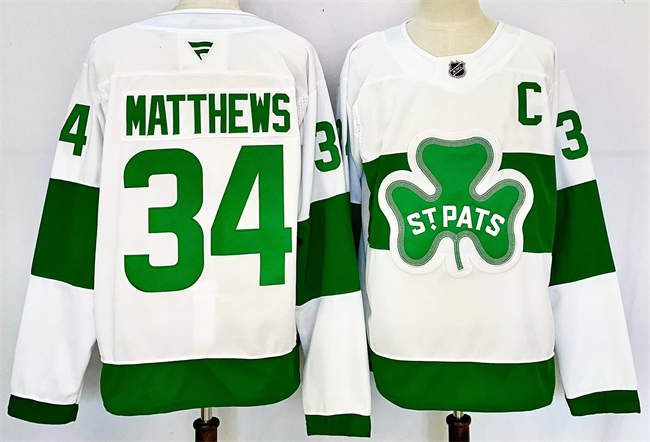 Men's Toronto Maple Leafs #34 Auston Matthews White/Green 2024-25 With C Patch Stitched Jersey
